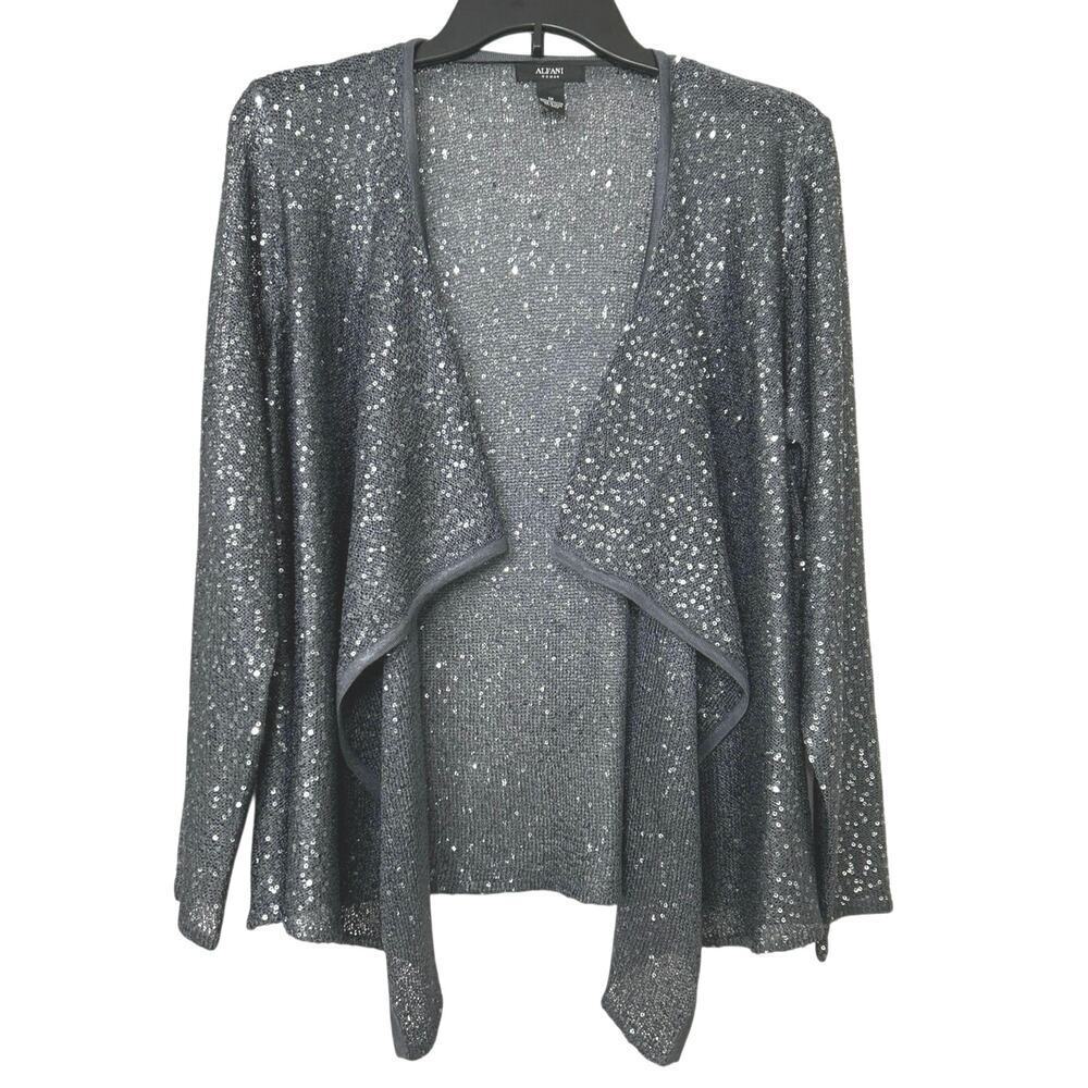 Alfani Gray SilverSemi Sheer All Over Sequin Asymmetrical Open Front Cardigan 1X